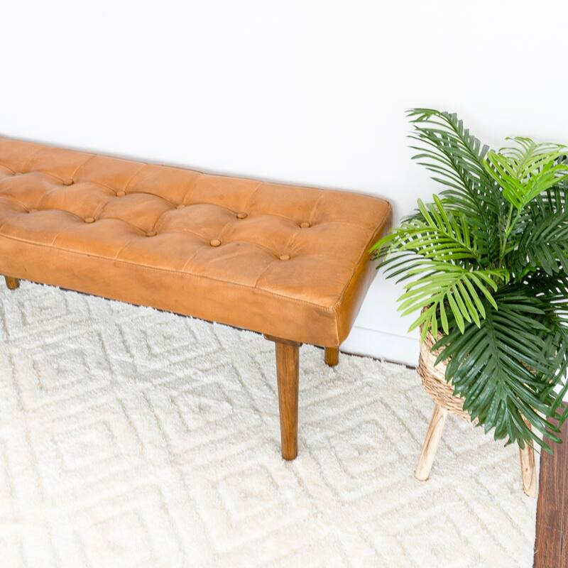 Albertina Mid-Century Modern Genuine Leather Upholstered Bench in Tan
