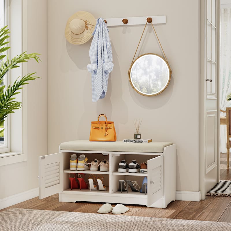 28.74" Shoe Storage Bench with 2 Door Cabinet, Entryway Bench Indoor Bench with Padded Seat and Adjustable Shelves