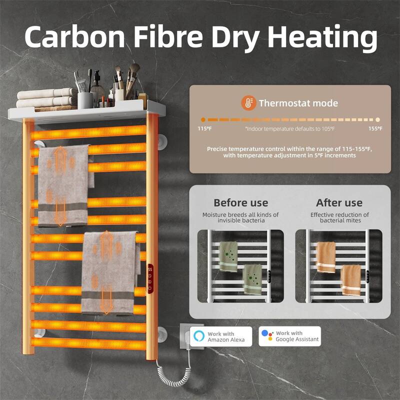 Heated Towel Rack with Shelf and Wi-Fi App Control