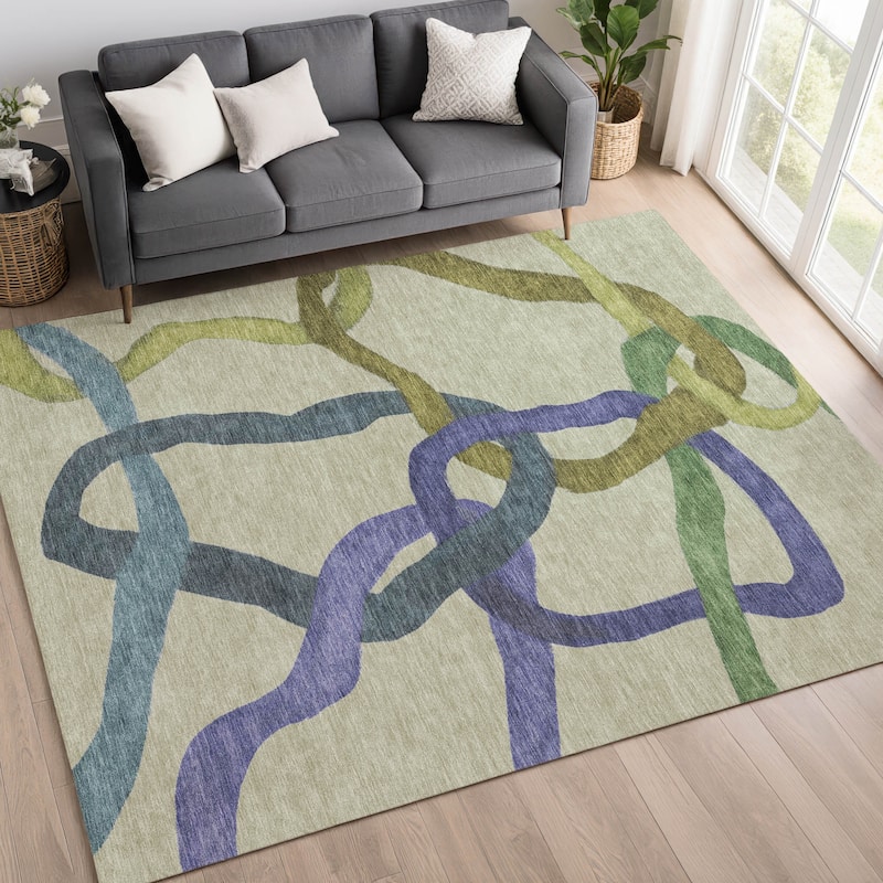 Machine Washable Indoor/ Outdoor Abstract Links Chantille Rug