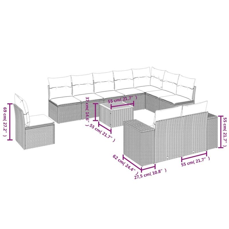 vidaXL Patio Sofa Set with Cushions Outdoor Furniture 11 Piece Poly Rattan - 24.4x 24.4x 27.2