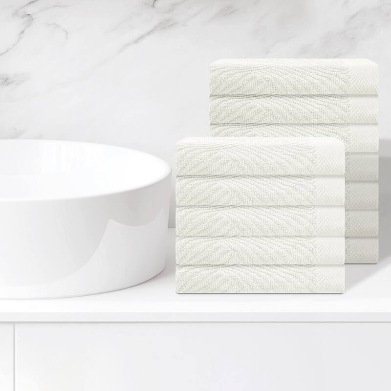 12 Pack Striped Bath Washcloths Set, Cotton, Body and Face Towels for Hotel, Spa, Bathroom 14" x 14" - White