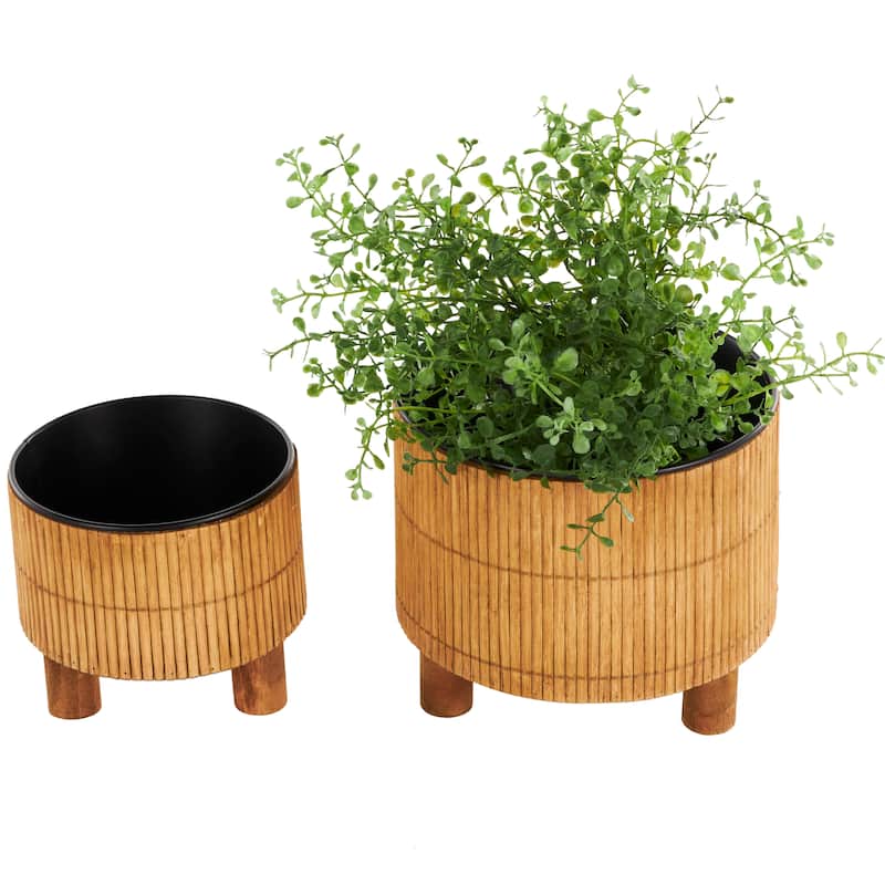 Brown Bamboo Handmade Planter with Black Metal Interior (Set of 2)