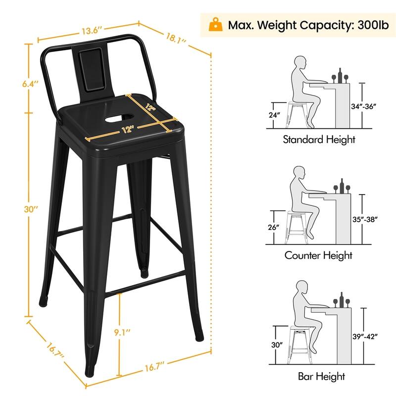 Yaheetech 30" H Metal Bar Stools Set of 4 Counter Height Stools with Backs, Black