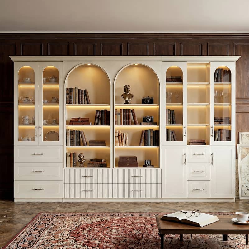 Modular Bookcase with LED Lights, Glass Door Storage Cabinet with Drawers, Large Display Shelving Unit Sideboard