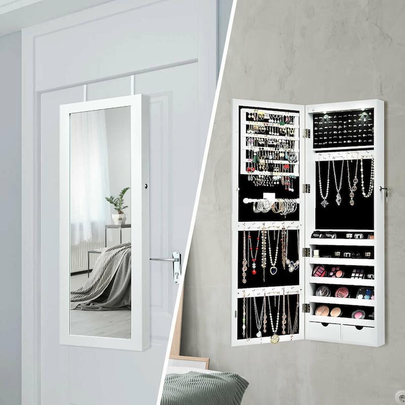 Lockable Wall Mount Mirrored Jewelry Cabinet with LED Lights - White - 14.6" x 3.8" x 43.3" (L x W x H)