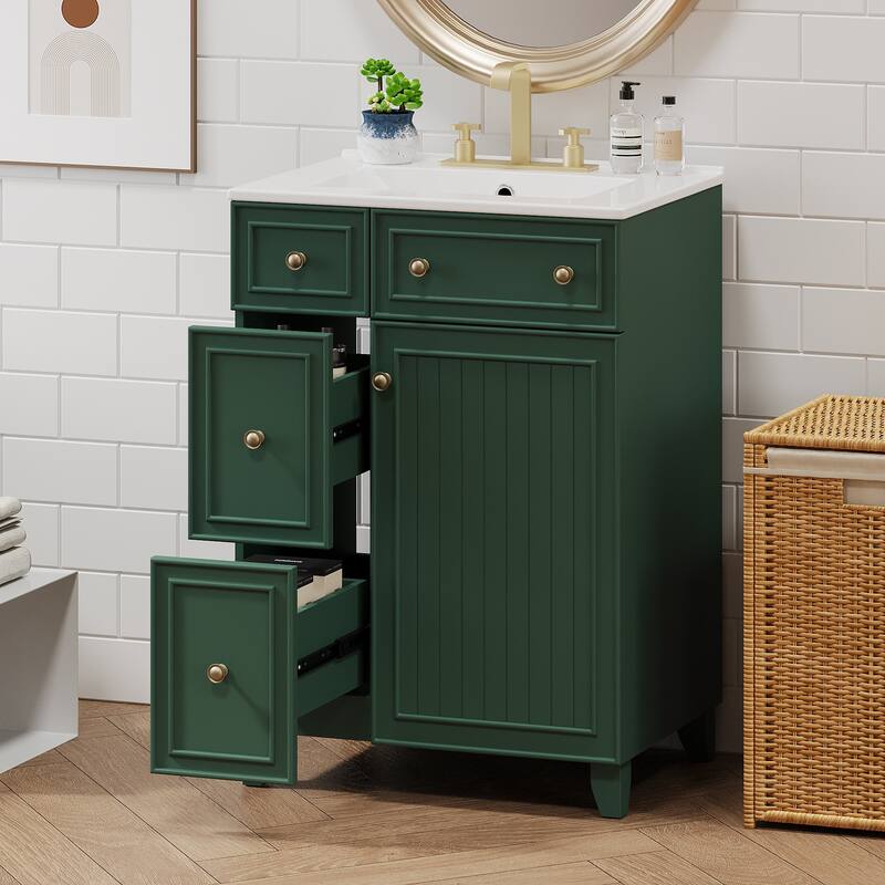 24" Bathroom Vanity with Ceramic Sink, 2 Drawers & 1 Door, Free-Standing Small Vanity Cabinet - Faucet Not Included