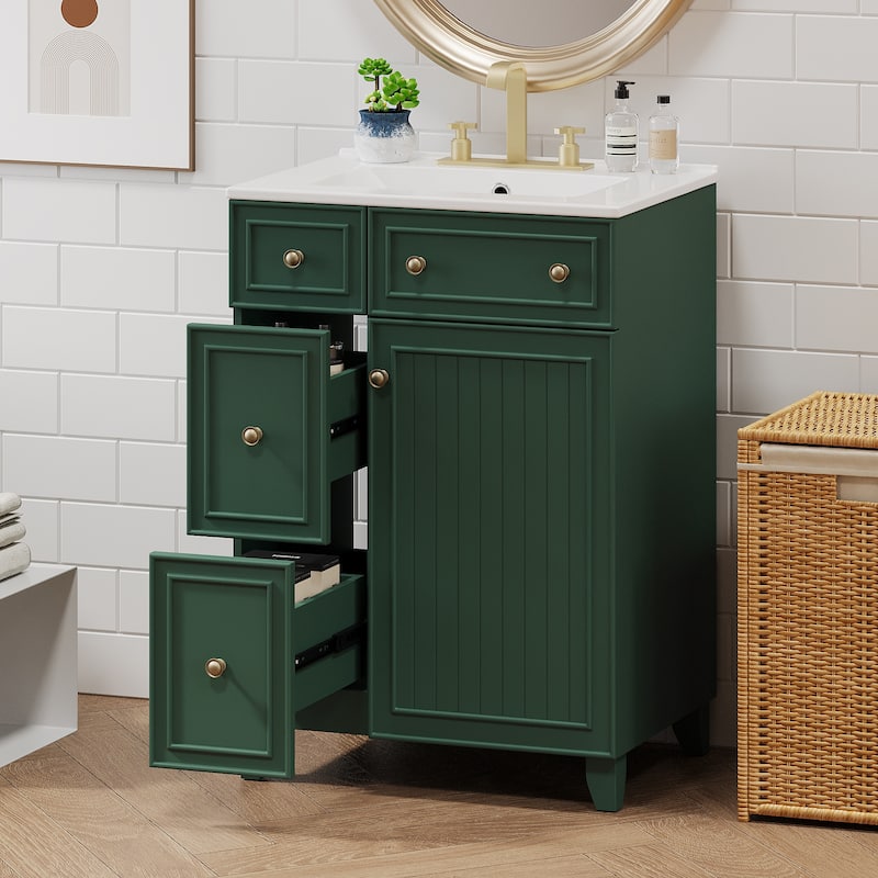 24"Bathroom Vanity Cabinet with Ceramic Sink, 2 Drawers, 1 Soft-Close Door