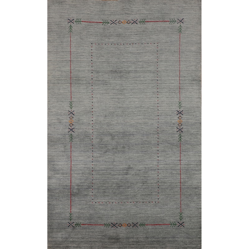 Gray & Green Striped Gabbeh Indian Area Rug Hand-Knotted Wool Carpet - 4'11"x 7'10"