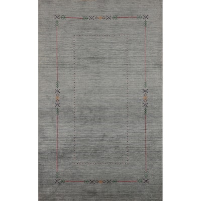 Gray & Green Striped Gabbeh Indian Area Rug Hand-Knotted Wool Carpet - 4'11"x 7'10"