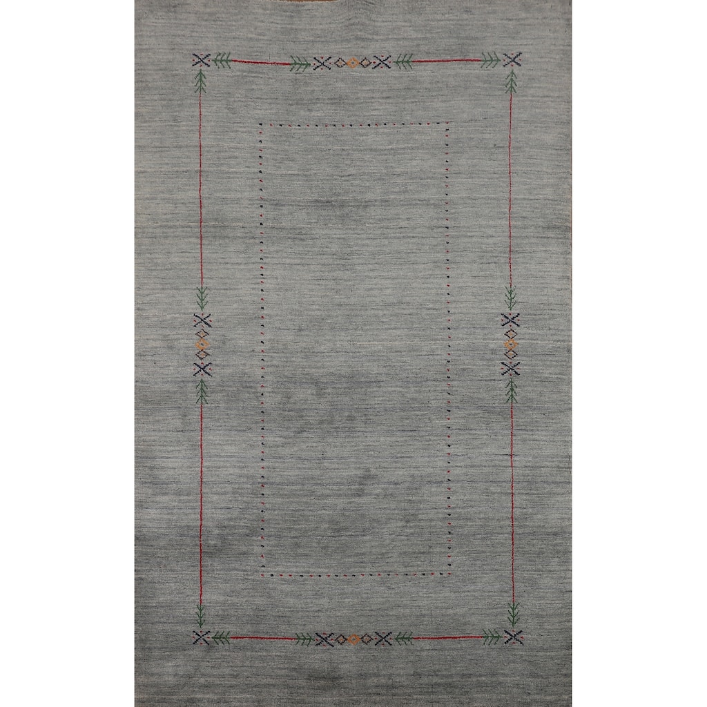 Gray & Green Striped Gabbeh Indian Area Rug Hand-Knotted Wool Carpet - 4'11"x 7'10"