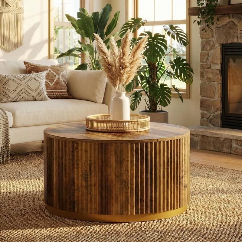 Round Coffee Table, Fluted Wooden Center Table, Mid Century Modern Table for Living Room or Office