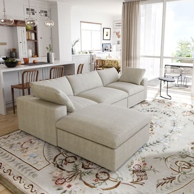 L-shape Linen Sectional Sofa Upholstered Sofa Multiple Cushions Couch with Storage Ottoman