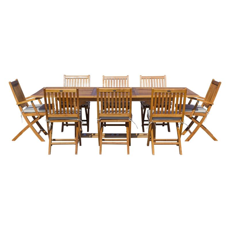 Chic Teak 9 Piece Teak Wood Santa Barbara Patio Dining Set w/ Rectangular Extension Table, 8 Folding Arm and Side Chairs