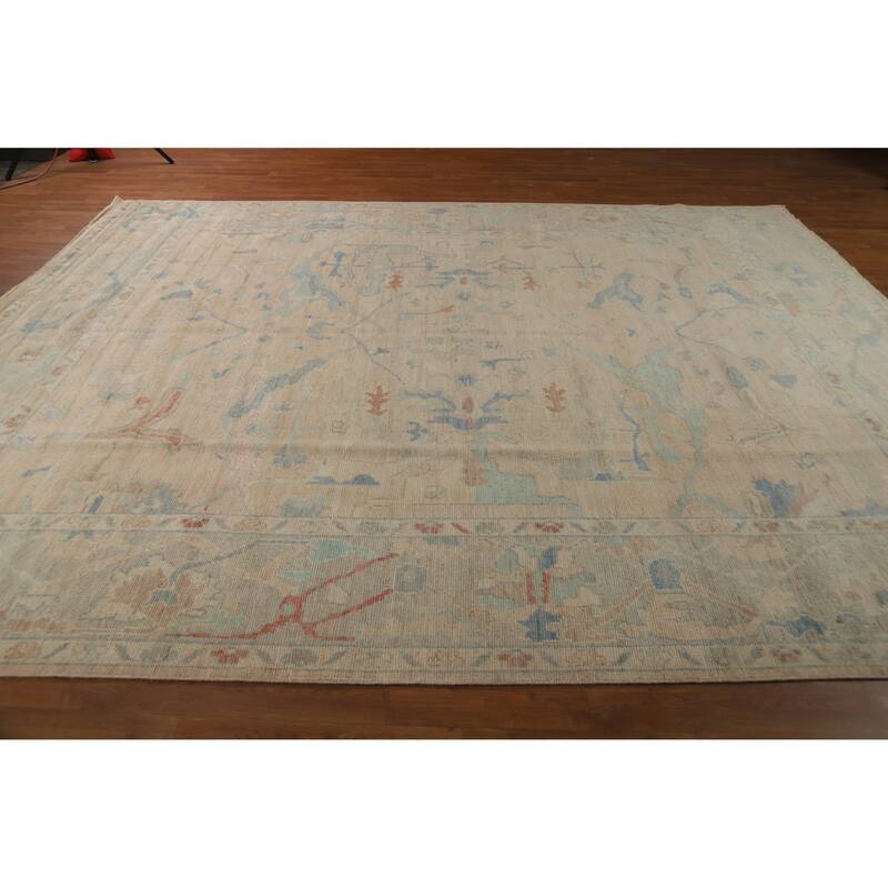 Floral Pink Oushak Turkish Area Rug Hand-Knotted Wool Carpet - 9'7"x 12'0"