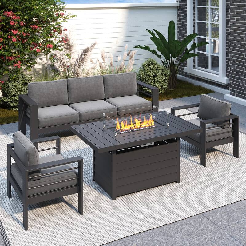 4 Pcs Patio Conversation Set with Propane Firepit