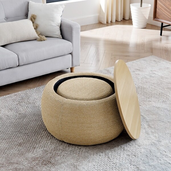 Modern Woven Rattan Fabric 2 in 1 Function Ottoman with Storage