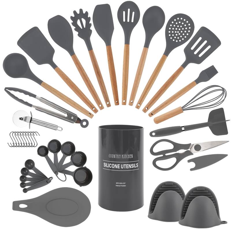 Country Kitchen Non Stick Silicone Utensil Set with Rounded Wood Handles for Cooking and Baking, 38 Piece Set