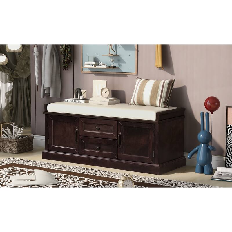 Storage Bench with 2 Drawers and 2 Cabinets, Shoe Bench with Removable Cushion for Living Room - Espresso