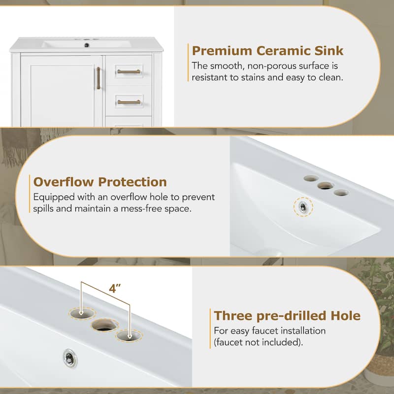 Roomfitters Traditional 30" Bathroom Vanity Set, Floor Standing with Three Drawers, Soft Close Doors, Long Gold Metal Handles