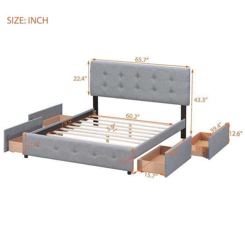 Queen Upholstered Bed Frame with 4 Drawers, Linen Fabric Platform Storage Bed with Classic Headboard and Wooden Slats Support