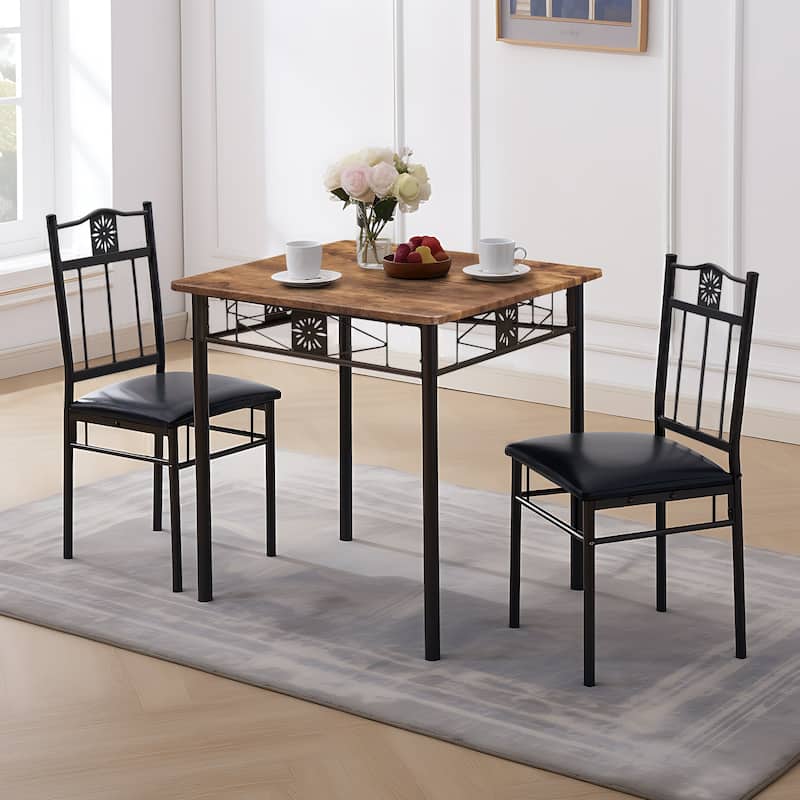 Javlergo 3-Piece Space-Saving Dining Set Square Dining Table Set with 2 Chairs Brown Tabletop & Black Frame for Small Apartments