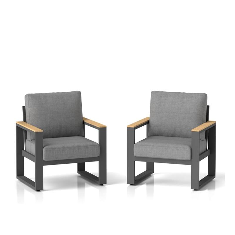 Set of 2 26.6" Aluminum Patio Armchairs with Thick Gray Cushions