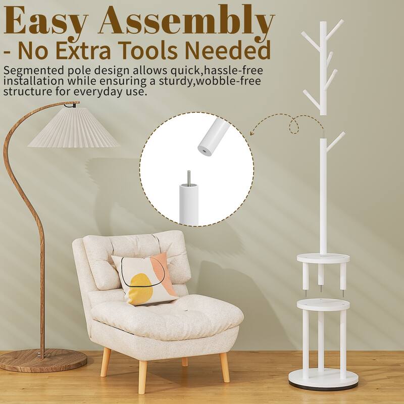 VECELO Modern Freestanding Coat Rack with 6 Branch Hooks Double Shelves, and Shoe Storage for Entryway Living Room Bedroom.