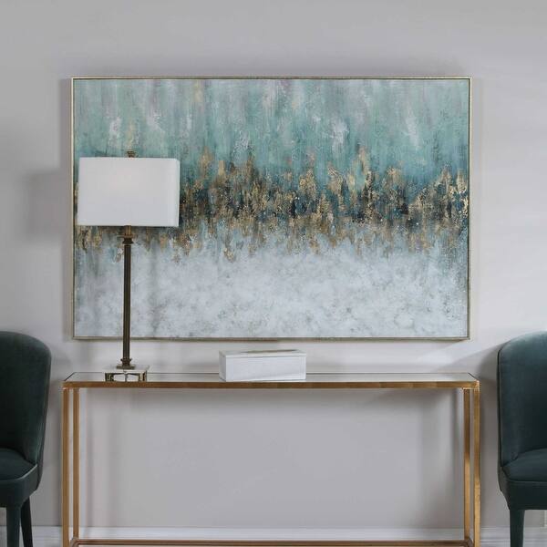 Shop Teal Blue And Gold Abstract Rectangular Hand Painted Wall Art