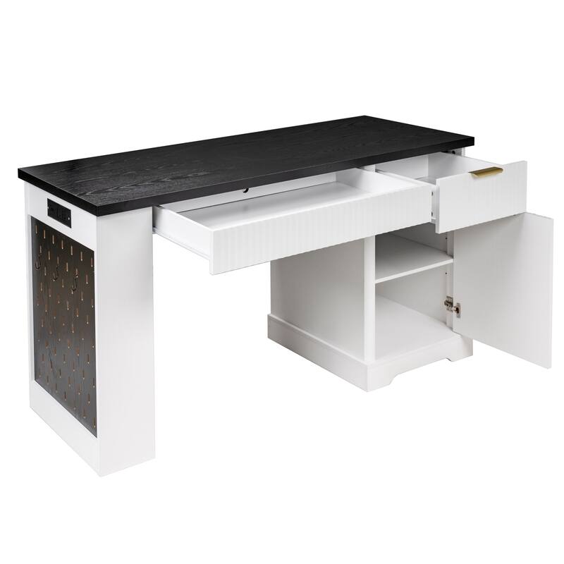 Roomfitters 55" Modern Fluted Office Desk with Charging Station, Storage Cabinet & Pegboard