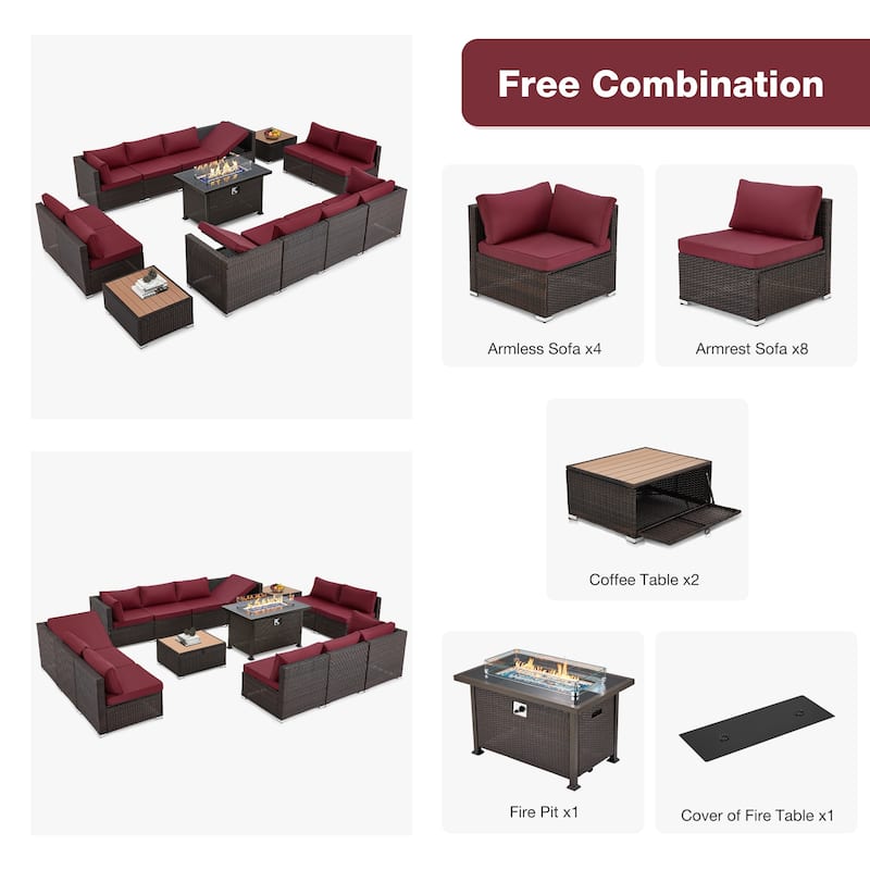 12-Person Patio Conversation Set with Fire Pit Table, All-Weather Wicker Outdoor Furniture