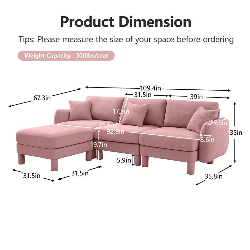 109.4" 3-Seater Modern Upholstered Sofa Couch, Deep-Seat Sectional Sofa with Shell-Shaped Armrests, Leisure Sofa for Living Room