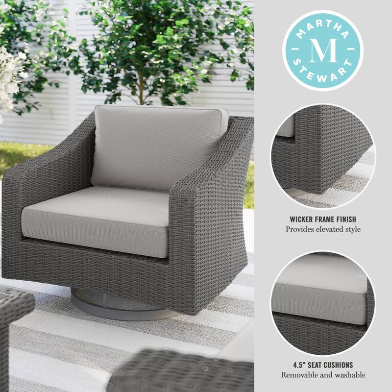 Martha Stewart Outdoor Rattan Wicker Swivel Chair with All-Weather Cushions - 34"D x 32"W x 30"H