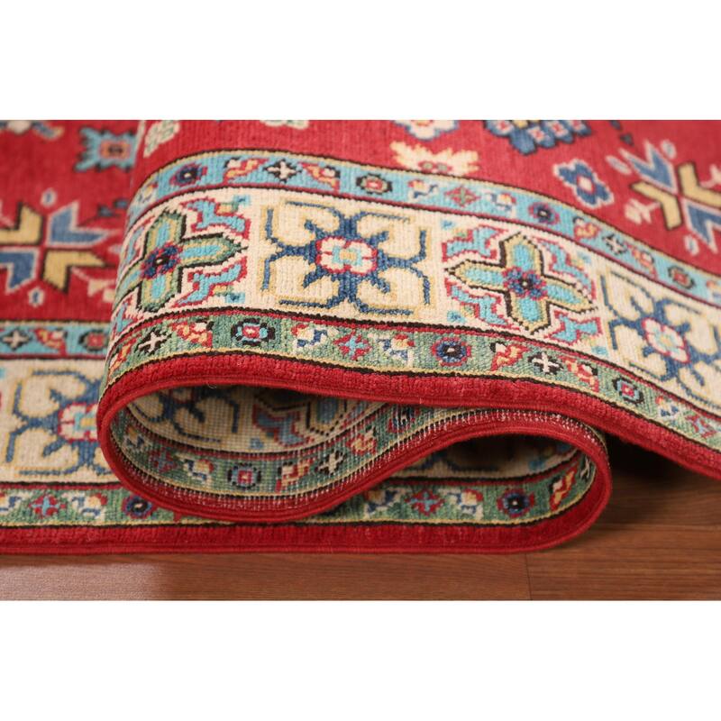 Geometric Red Kazak Oriental Area Rug Bedroom Hand-Knotted Wool Carpet - 3'11"x 6'0"