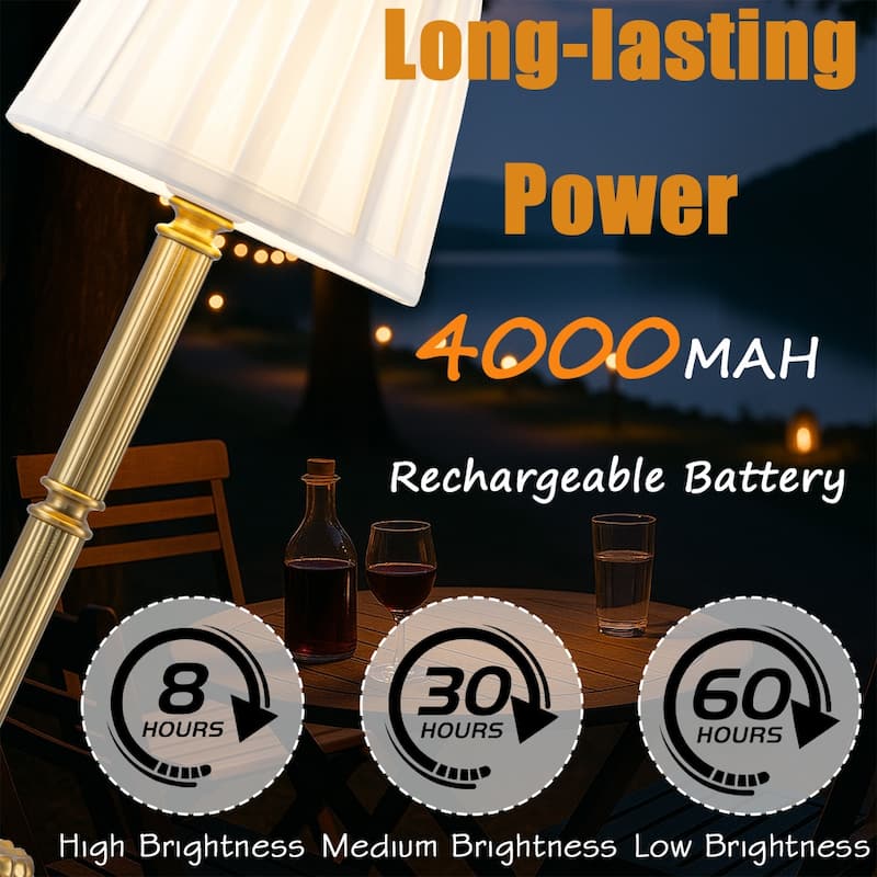 ALOADECOR Glam Cordless Brass Table Lamp Touch Control with 3 Way Classic Elegant Dimmable LED Nightstand Lamp with Fabric Shade
