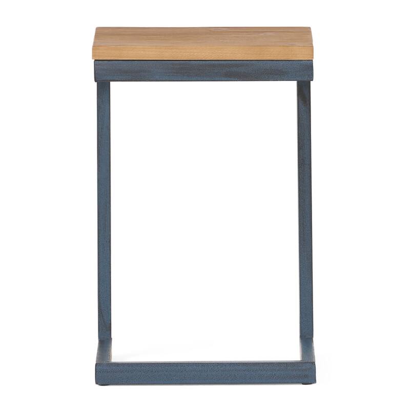 12.75" Modern C-shaped Accent Table with Dark Iron Base and Natural Fir Wood Top
