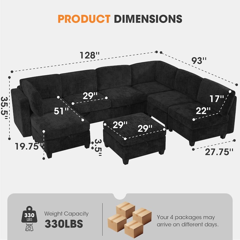 GDFStudio - Chenille Fabric 8-Seat 128" Modular Sectional Sofa with Storage & Solid Wood Frame
