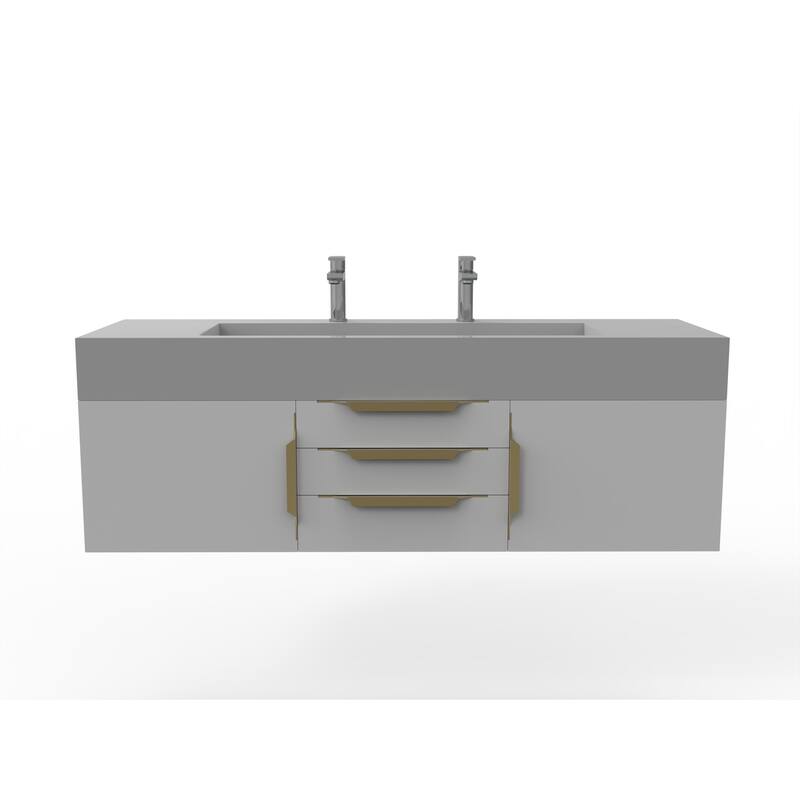 Nile 60" Wall Mounted Bathroom Vanity Set with Gray Solid Surface Top - Grey - Gold Finish