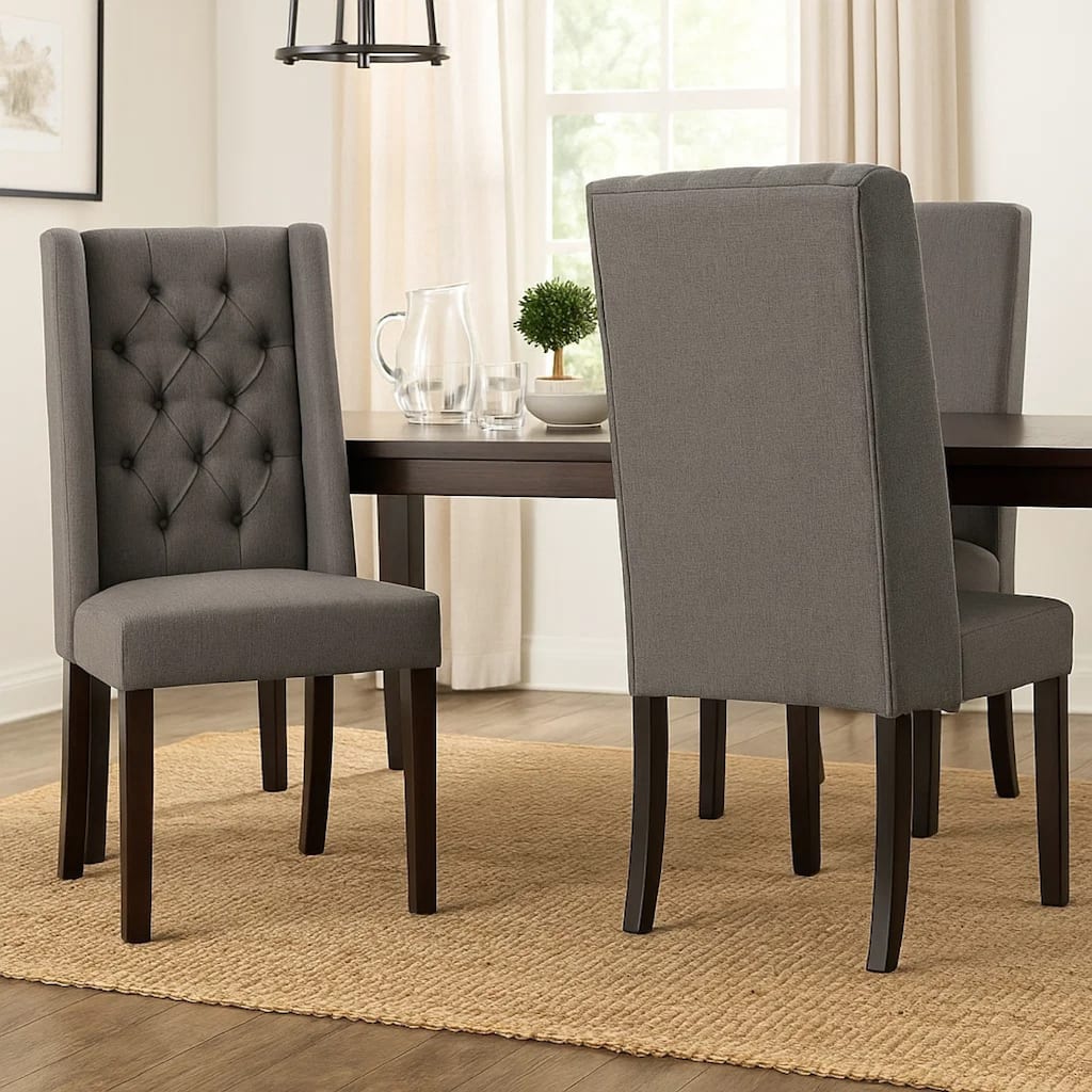Nathan Dining Chair Set of 2, Dark Brown Wood, Tufted Gray Wingback