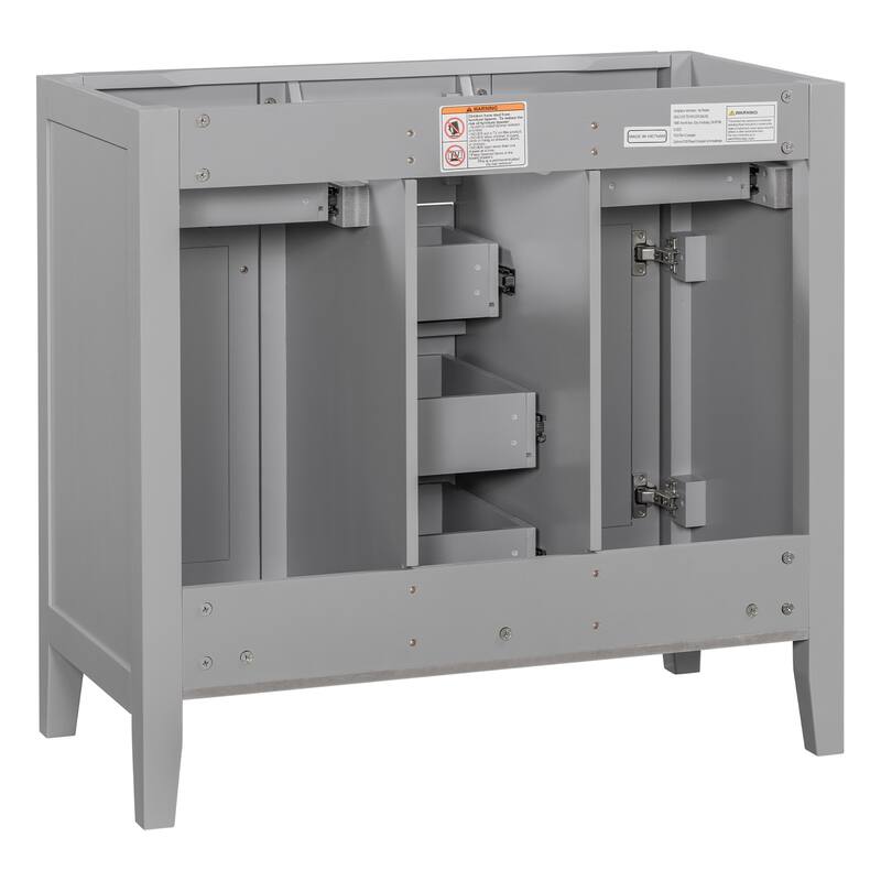 36" Modern Bathroom Vanity Cabinet Base in Grey with Two Cabinets, Five Drawers & Open Storage Shelf, Solid Wood Frame