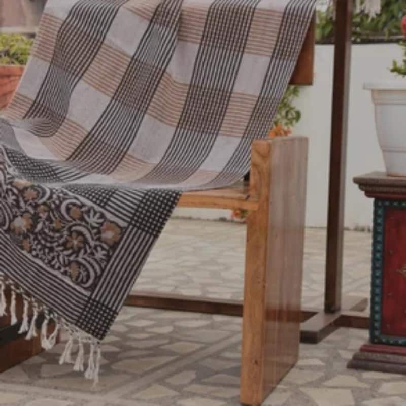 Fabdivine Floral Cube Lines Handwoven Block-Printed Cotton 90x54 Throw Blanket - Decorative Sofa, Bed & Living Room Accent