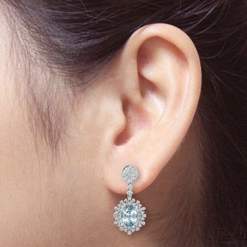 Auriya 3ct Fancy Oval-cut Aquamarine Halo Diamond Drop Earrings 1 1/3ctw 18k Gold