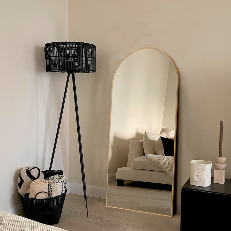 Arched Floor Mirror With Stand,Wood Frame Full Length Mirror,Wall-Mounted Mirror