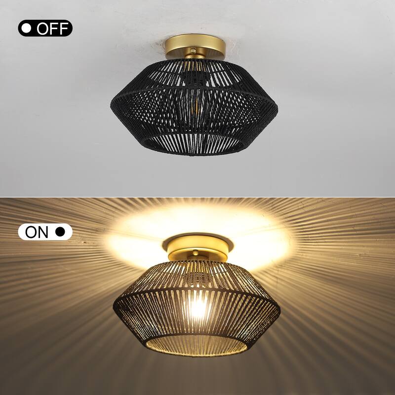 1-Light Farmhouse Style Classic Semi Flush Mount Chandelier, Hand-Woven Semi-Flush Mount Ceiling Light with Drum Shade
