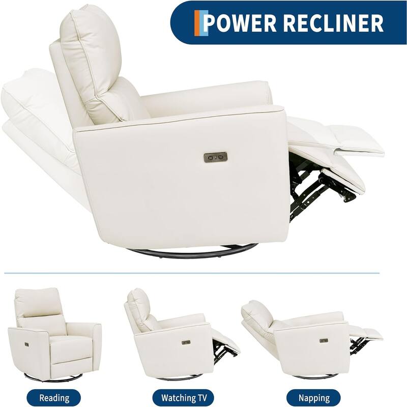 Power Recliner Swivel Chair Rockery Glider PU Leather Nursery Chair with USB Port