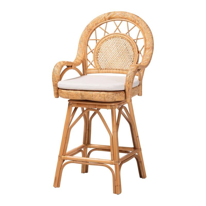 Adam Natural Rattan Counter Stool with Cushion - Handwoven Wicker Swivel Bar Chair for Kitchen Island or Lounge Area - Light Honey