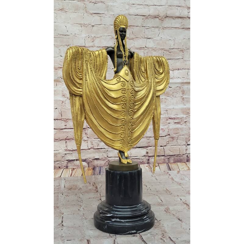 J. Erte Art Deco Golden Lady Sculpture With Flowing Drapery On Marble Base