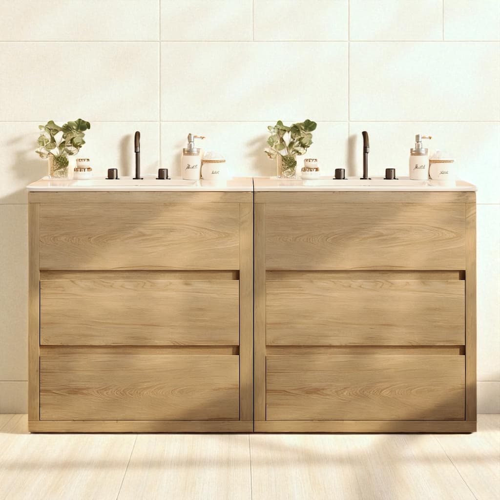 60" Double Sink Bathroom Vanity Set with Two 30" Cabinets, Ceramic Sinks, Soft Close Drawers