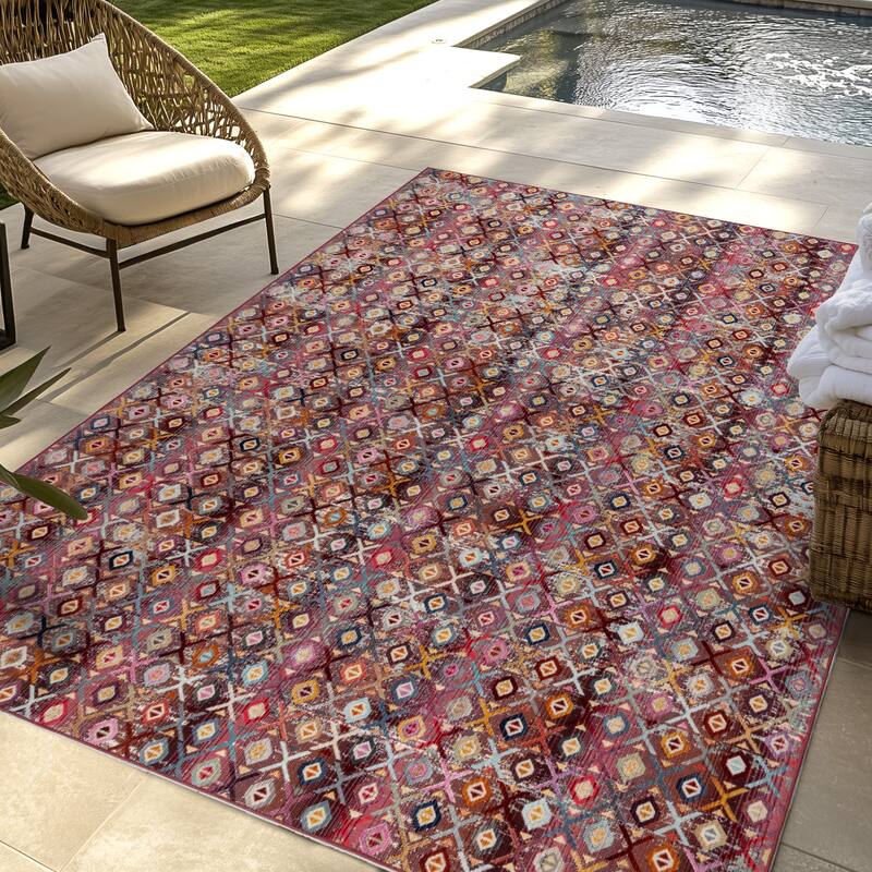 Gertmenian Caravan Modern Moroccan Bohemian UV Protected Polypropylene Woven Indoor/ Outdoor Area Rug Collection - 5'3"x7' - Zari Red