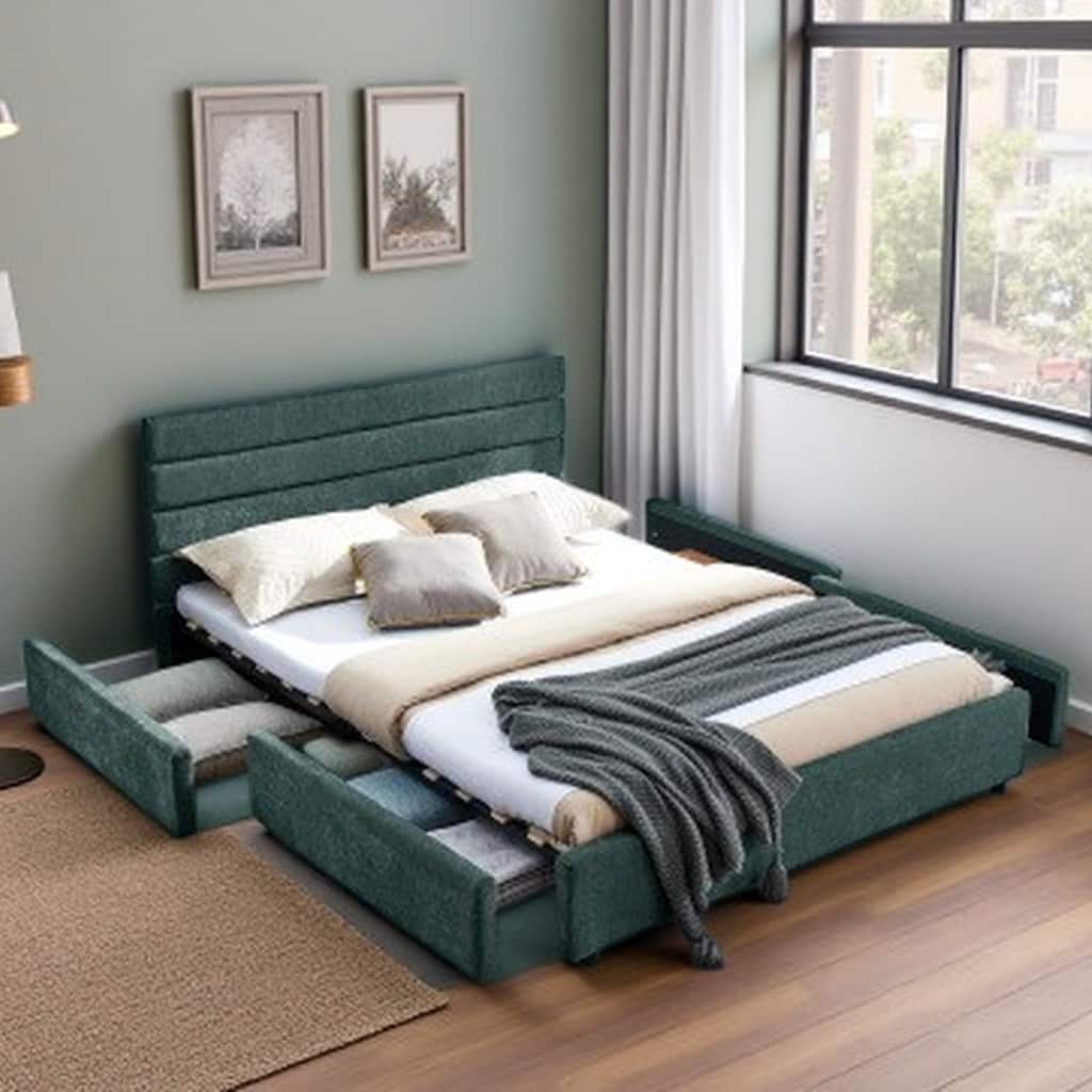 Queen Size Upholstered Platform Bed with Soft Headboard, Storage Drawers, Velvet Fabric, Modern Design